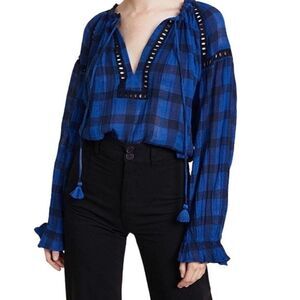 FREE PEOPLE Honey Grove Blue Plaid Top